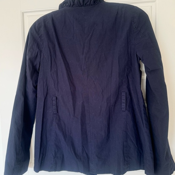 J Crew Women’s Size 0 Cotton Blazer Navy‎ Ruffle Collar Y2K Button Front - Picture 2 of 7